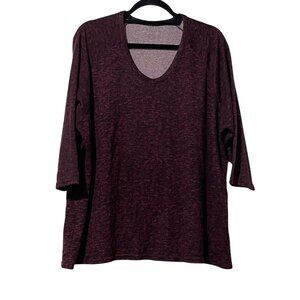 Danskin Womens Marled V-Neck 3/4 Sleeve Top 1X Burgundy Polyester/Spandex Comfor